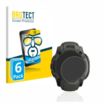 Front side of a product packaging with the brand logo BROTECT. Next to it is the device Garmin Instinct 2X Solar shown with th