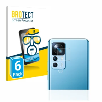 Front side of a product packaging with the brand logo BROTECT. Next to it is the device Xiaomi 12T (ONLY Camera Lens) shown wi