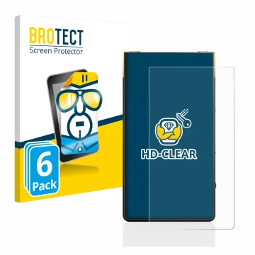 Front side of a product packaging with the brand logo BROTECT. Next to it is the device Sony Walkman NW-ZX707 shown with the c