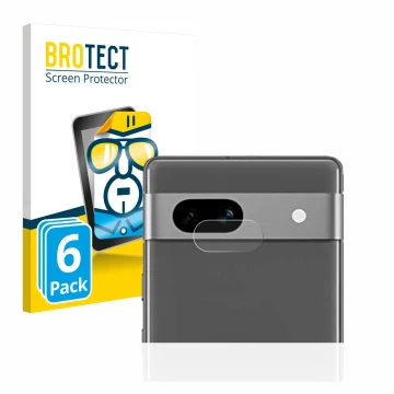 Front side of a product packaging with the brand logo BROTECT. Next to it is the device Google Pixel 7a (ONLY Camera Lens) sho