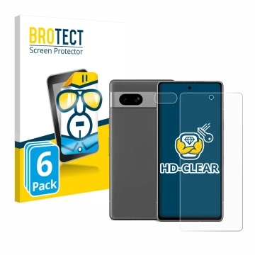 Front side of a product packaging with the brand logo BROTECT. Next to it is the device Google Pixel 7a (Front+Camera) shown w