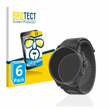 Front side of a product packaging with the brand logo BROTECT. Next to it is the device Coros Apex 2 shown with the correspond