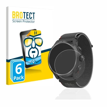 Front side of a product packaging with the brand logo BROTECT. Next to it is the device Coros Apex 2 Pro shown with the corres