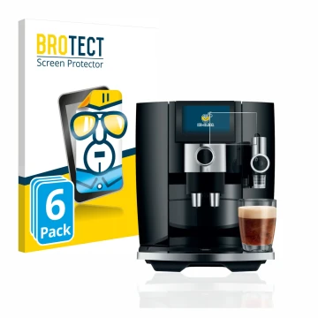 Front side of a product packaging with the brand logo BROTECT. Next to it is the device Jura J8 shown with the corresponding s