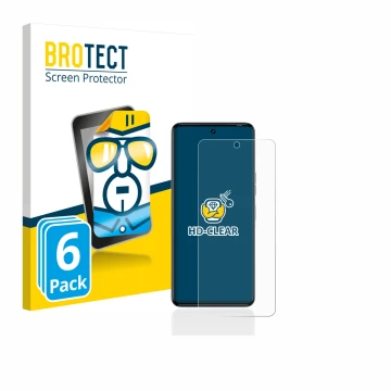 Front side of a product packaging with the brand logo BROTECT. Next to it is the device Tecno Camon 20 Pro shown with the corr