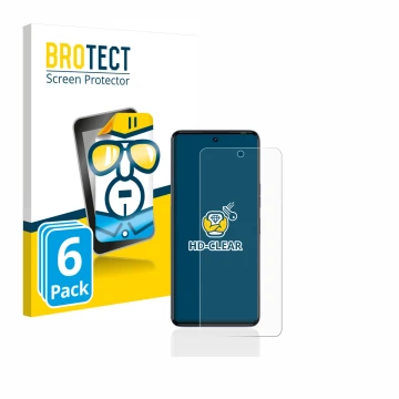 Front side of a product packaging with the brand logo BROTECT. Next to it is the device Tecno Camon 20 shown with the correspo