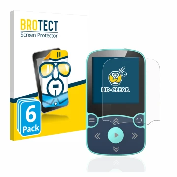 Front side of a product packaging with the brand logo BROTECT. Next to it is the device AGPtek A65X MP3 Player with clip shown