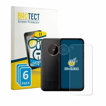 Front side of a product packaging with the brand logo BROTECT. Next to it is the device Gigaset GX6 (Front+Camera) shown with 