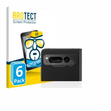 Front side of a product packaging with the brand logo BROTECT. Next to it is the device Google Pixel Fold (ONLY Camera Lens) s