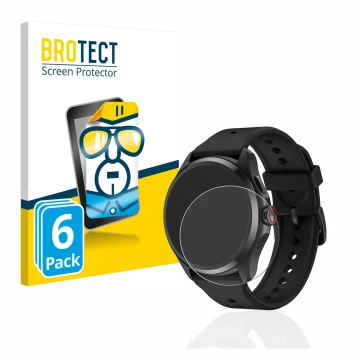 Front side of a product packaging with the brand logo BROTECT. Next to it is the device Mobvoi TicWatch Pro 5 shown with the c