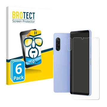 Front side of a product packaging with the brand logo BROTECT. Next to it is the device Sony Xperia 10 V (Front+Camera) shown 