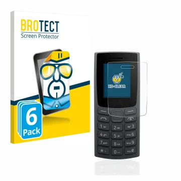 Front side of a product packaging with the brand logo BROTECT. Next to it is the device Nokia 110 (2023) shown with the corres