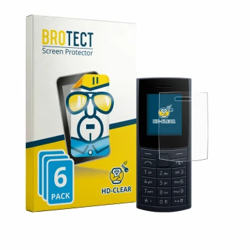 Front side of a product packaging with the brand logo BROTECT. Next to it is the device Nokia 110 4G (2023) shown with the cor