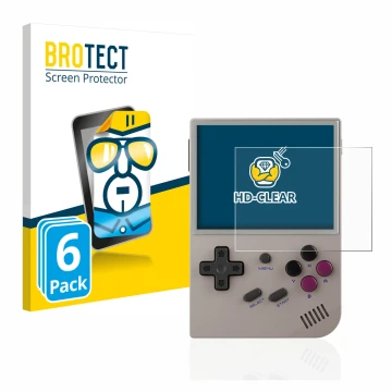 Front side of a product packaging with the brand logo BROTECT. Next to it is the device Anbernic RG35XX shown with the corresp