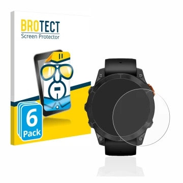 Front side of a product packaging with the brand logo BROTECT. Next to it is the device Garmin Fenix 7 Pro Solar (47 mm) shown