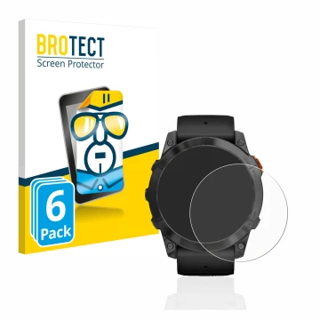 Front side of a product packaging with the brand logo BROTECT. Next to it is the device Garmin Fenix 7X Pro Solar (51 mm) show
