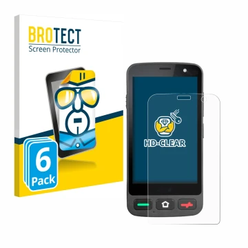 Front side of a product packaging with the brand logo BROTECT. Next to it is the device Brondi Amico Pocket shown with the cor