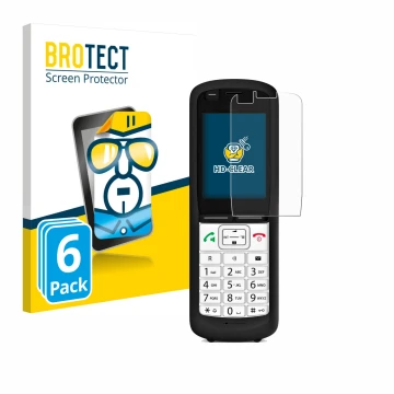 Front side of a product packaging with the brand logo BROTECT. Next to it is the device Unify OpenScape DECT Phone R6 shown wi