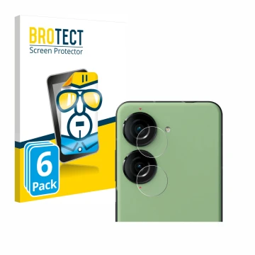 Front side of a product packaging with the brand logo BROTECT. Next to it is the device ASUS ZenFone 10 (ONLY Camera Lens) sho