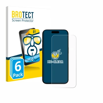 Front side of a product packaging with the brand logo BROTECT. Next to it is the device Apple iPhone 15 shown with the corresp