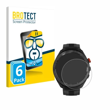 Front side of a product packaging with the brand logo BROTECT. Next to it is the device Garmin Approach S70 (47 mm) shown with
