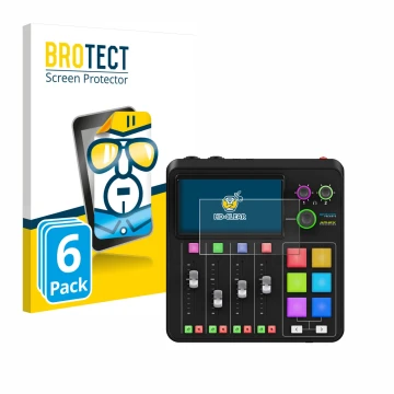 Front side of a product packaging with the brand logo BROTECT. Next to it is the device Rode Rodecaster Duo shown with the cor