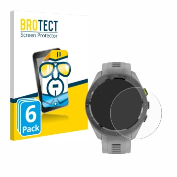 Front side of a product packaging with the brand logo BROTECT. Next to it is the device Garmin Approach S70 (42 mm) shown with