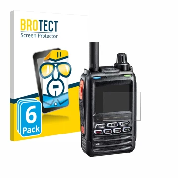 Front side of a product packaging with the brand logo BROTECT. Next to it is the device Yaesu FT-5DE/DR shown with the corresp