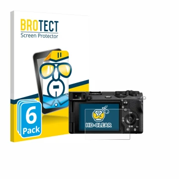 Front side of a product packaging with the brand logo BROTECT. Next to it is the device Sony Alpha 6700 shown with the corresp
