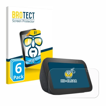 Front side of a product packaging with the brand logo BROTECT. Next to it is the device Amazon Echo Show 5 (3th Gen.) shown wi