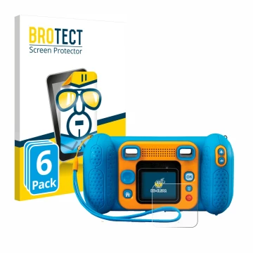 Front side of a product packaging with the brand logo BROTECT. Next to it is the device Vtech Kidizoom Kid 4 shown with the co