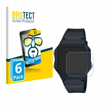 Front side of a product packaging with the brand logo BROTECT. Next to it is the device Casio W-217H-1AVCF shown with the corr