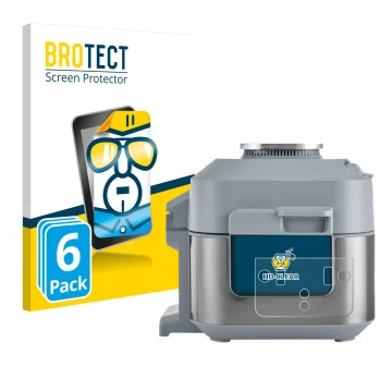 Front side of a product packaging with the brand logo BROTECT. Next to it is the device Ninja Speedi Rapid Cooking System show