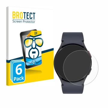 Front side of a product packaging with the brand logo BROTECT. Next to it is the device Samsung Galaxy Watch 6 (40 mm) shown w