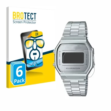 Front side of a product packaging with the brand logo BROTECT. Next to it is the device Casio A168WEM-7EF shown with the corre