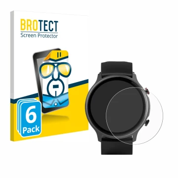 Front side of a product packaging with the brand logo BROTECT. Next to it is the device Hama Fit Watch 6910 shown with the cor