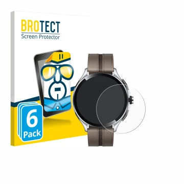 Front side of a product packaging with the brand logo BROTECT. Next to it is the device Xiaomi Watch 2 Pro shown with the corr