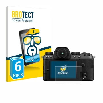 Front side of a product packaging with the brand logo BROTECT. Next to it is the device Fujifilm X-S20 shown with the correspo