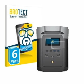 Front side of a product packaging with the brand logo BROTECT. Next to it is the device EcoFlow DELTA 2 shown with the corresp