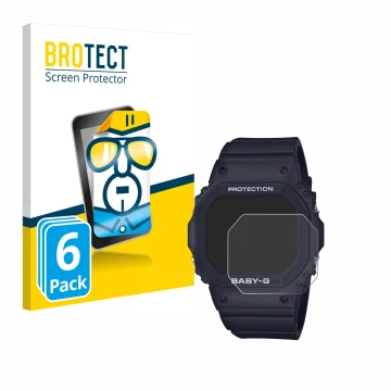 Front side of a product packaging with the brand logo BROTECT. Next to it is the device Casio Baby-G BGD-565 shown with the co