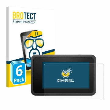 Front side of a product packaging with the brand logo BROTECT. Next to it is the device DJI Osmo Action 4 shown with the corre