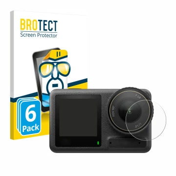 Front side of a product packaging with the brand logo BROTECT. Next to it is the device DJI Osmo Action 4 (Lens) shown with th
