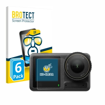 Front side of a product packaging with the brand logo BROTECT. Next to it is the device DJI Osmo Action 4 (Front display) show