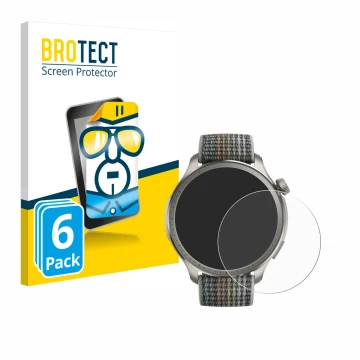 Front side of a product packaging with the brand logo BROTECT. Next to it is the device Huami Amazfit Balance shown with the c
