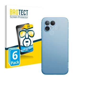Front side of a product packaging with the brand logo BROTECT. Next to it is the device Fairphone 5 (ONLY Camera Lens) shown w