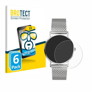 Front side of a product packaging with the brand logo BROTECT. Next to it is the device Liebeskind New Case Mesh (34 mm) shown