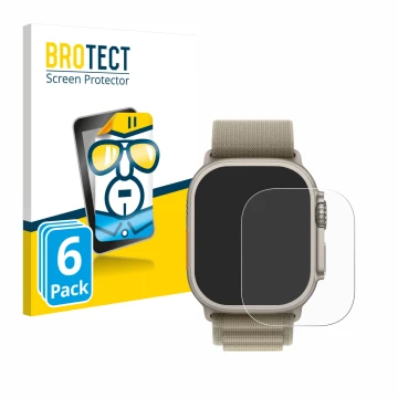 Front side of a product packaging with the brand logo BROTECT. Next to it is the device Apple Watch Ultra 2 (49 mm) shown with