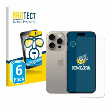 Front side of a product packaging with the brand logo BROTECT. Next to it is the device Apple iPhone 15 Pro (Front+Camera) sho