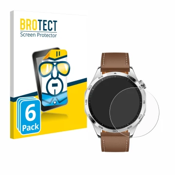 Front side of a product packaging with the brand logo BROTECT. Next to it is the device Huawei Watch GT 4 (46mm) shown with th