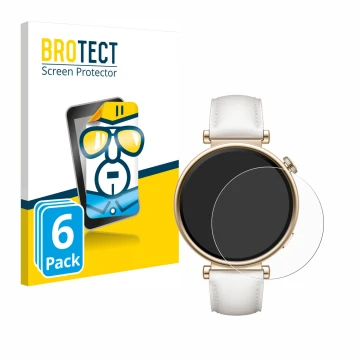 Front side of a product packaging with the brand logo BROTECT. Next to it is the device Huawei Watch GT 4 (41mm) shown with th